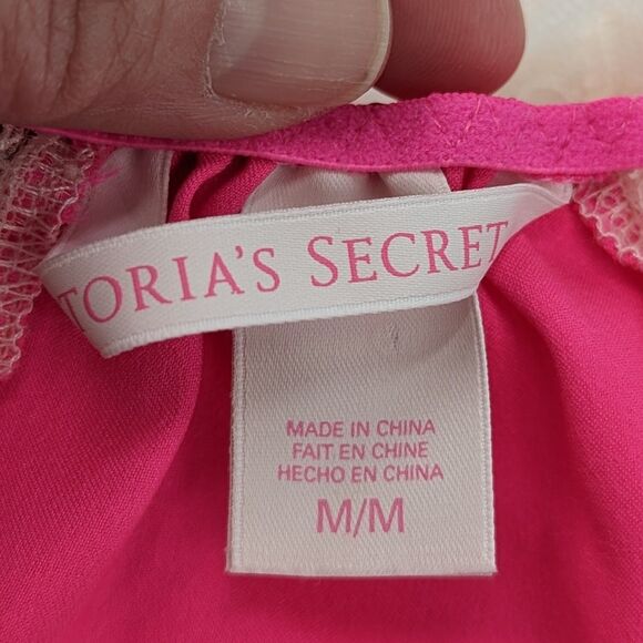 Victoria's Secret Sleepwear Women's M Hot Pink Beige Babydoll Teddy Lace Nightie - Picture 4 of 9